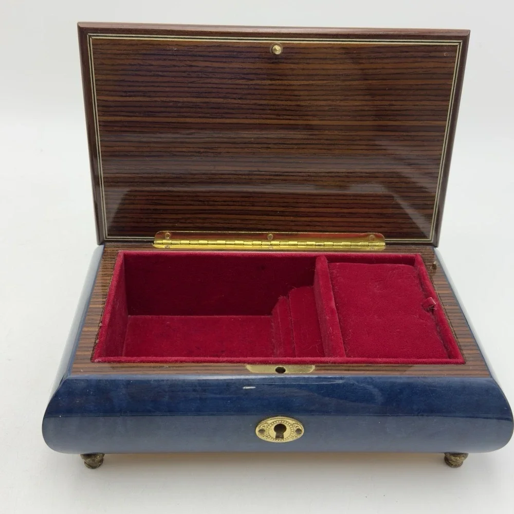 REUGE JEWELRY MUSIC BOX Wood Blue Beige Floral Inlay Italy Memory Cats Key Vtg